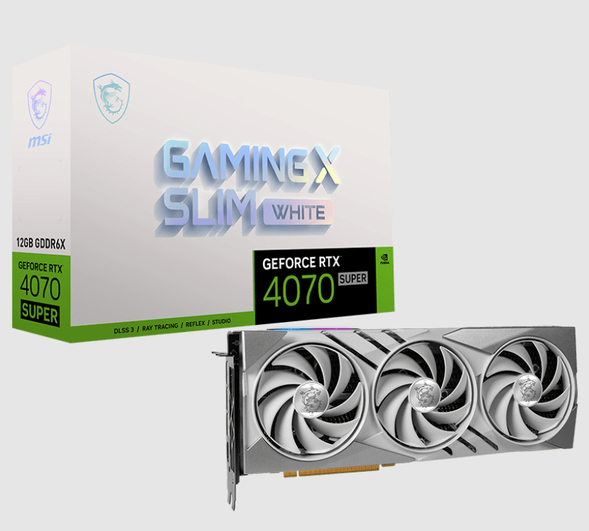  nVIDIA GeForce RTX 4070 SUPER 12G GAMING X SLIM WHITE<br>Boost Mode: 2640 MHz, 1x HDMI/ 3x DP, Max Resolution: 7680 x 4320, 1x 16-Pin Connector, Recommended: 650W  